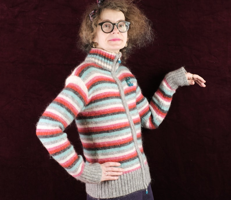 Italy mohair CARDIGAN stripe cherry berry crocheted  boho style bohemian warm fashion design knitted Nahar baby blue grey pink S M