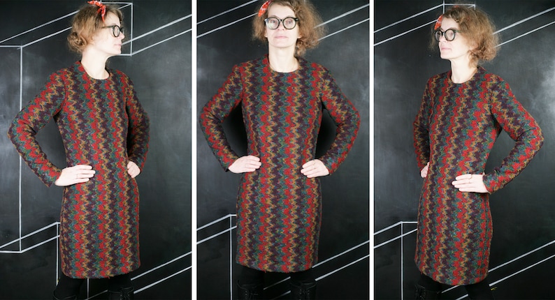 Boucle ikat DRESS warm print blue red brown thick warm winter autumn office formal romantic classic French zig zag handmade fashion S