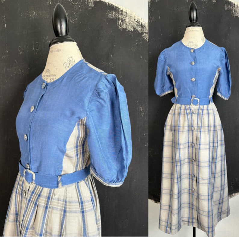 May include: A blue and white plaid dress with a blue bodice and short puffed sleeves. The dress has a button-up front and a belt.