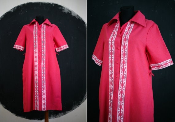 80s AROLA Finland DRESS midi pink woven ornamenta… - image 1