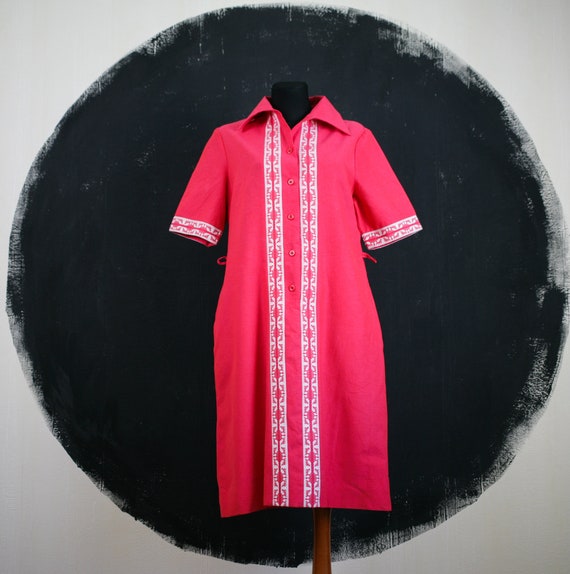 80s AROLA Finland DRESS midi pink woven ornamenta… - image 4