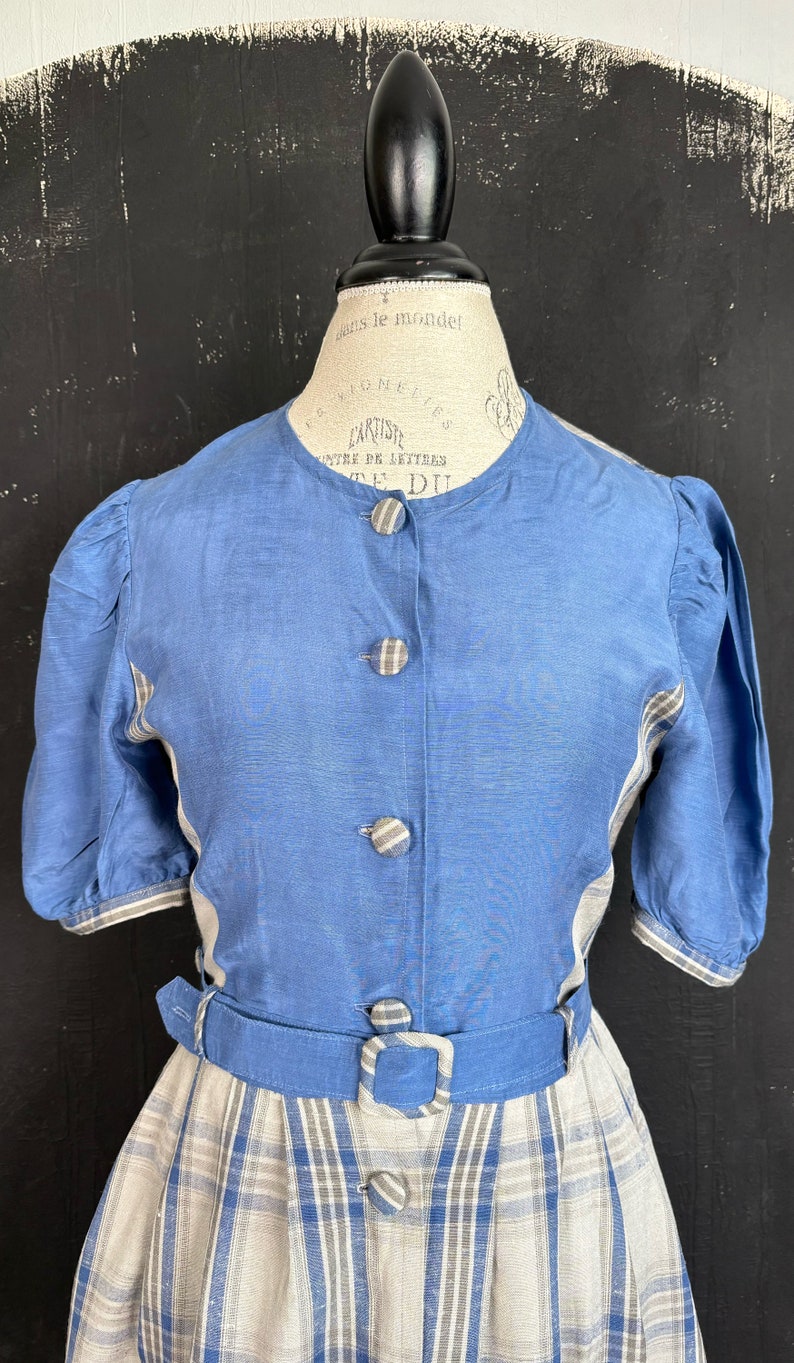 May include: A blue and white plaid dress with a blue bodice and a matching belt. The bodice has a round neckline and buttons down the front. The dress has short puffed sleeves.