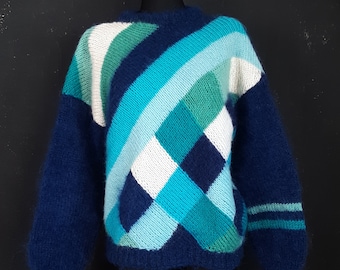90s mohair wool hand knitted JUMPER sweater Christmas squares blue green asymmetric winter gift fluffy minimalism warm French boho XL