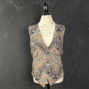 Black shiny tie dye brown black flower beads beaded VEST Lauren Vidal retro boho romantic festival party L