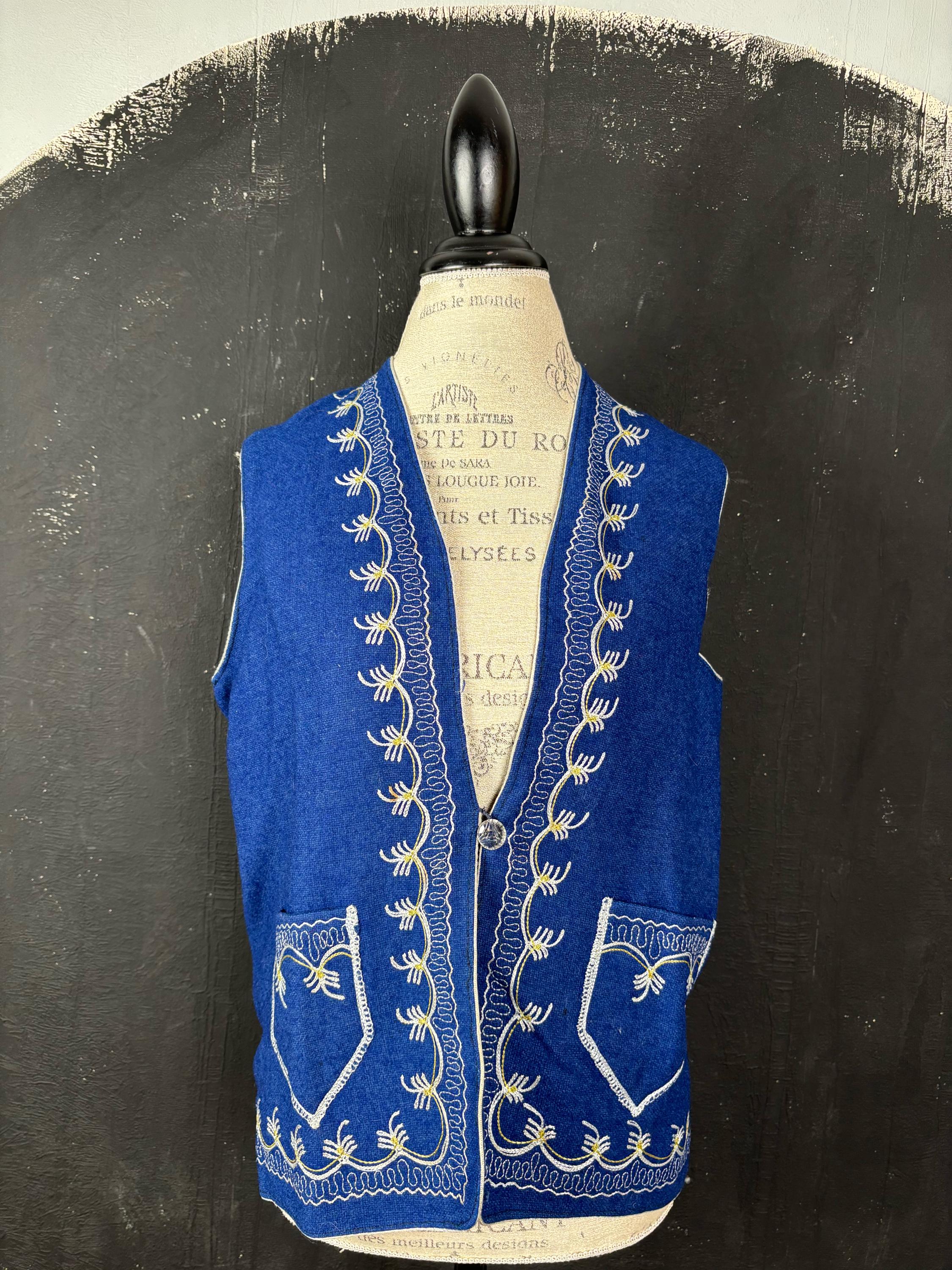 ヴィンテージ 70年代 ブルー ウール 刺繍入りベスト、ヒッピー 