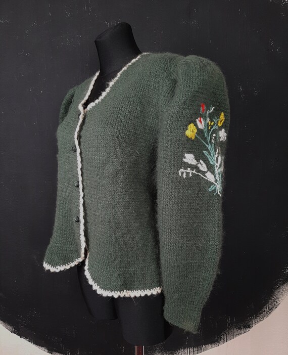 90s embroidered Dirndl knitted green wool CARDIGA… - image 7