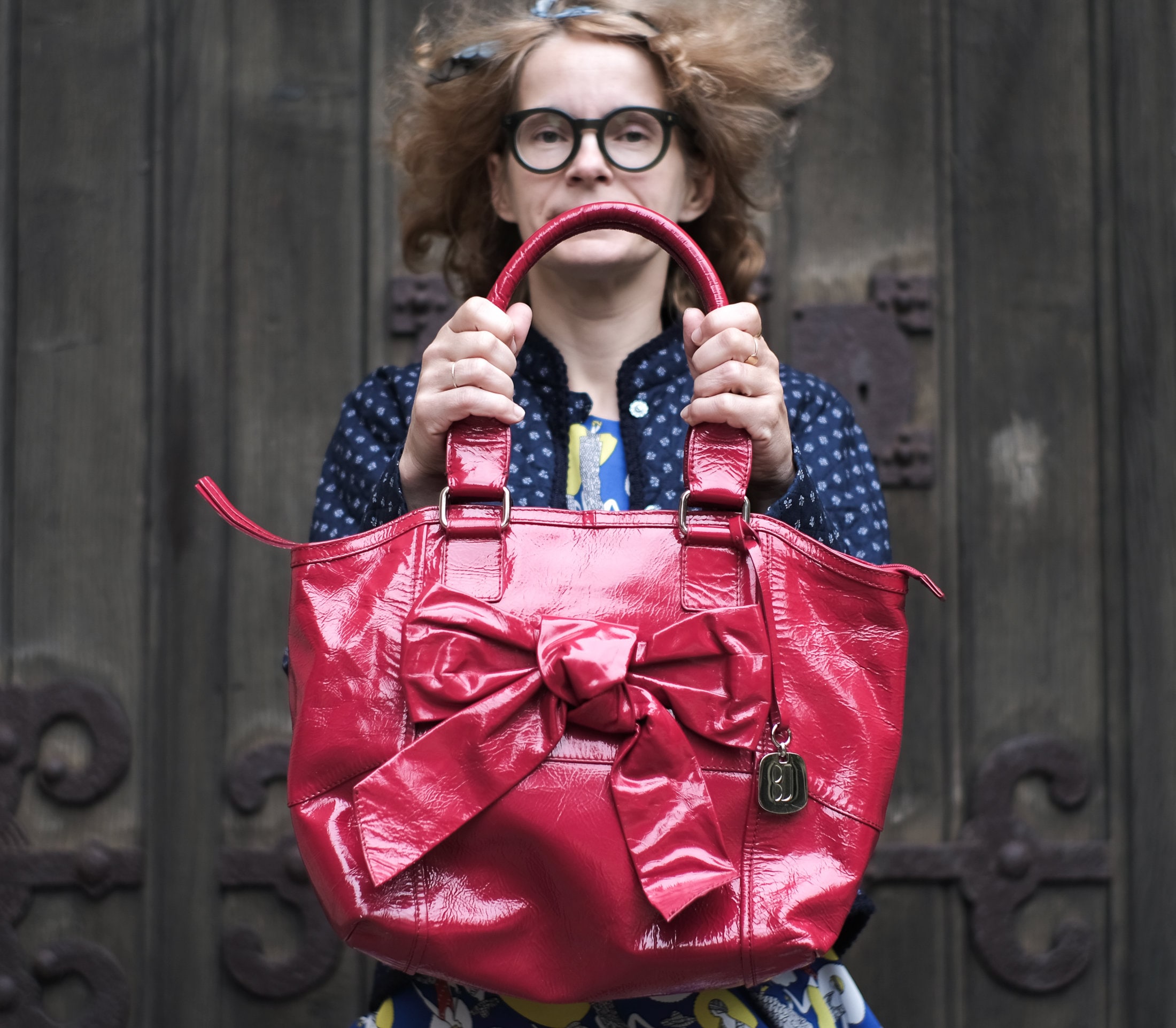 Betty Jackson Black BAG Patent Red Leather Bow Tote Pocket