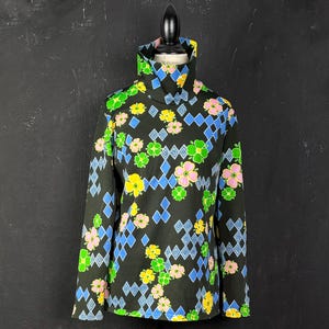 70s Green Floral Mod Blouse | Black Hippie Boho Top | L