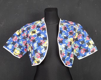 Jaren '70 tulp roos katoen BOLERO jas blazer jaren zeventig vintage retro boho cottagecore blauw rood geel hippie zomer festival feest L