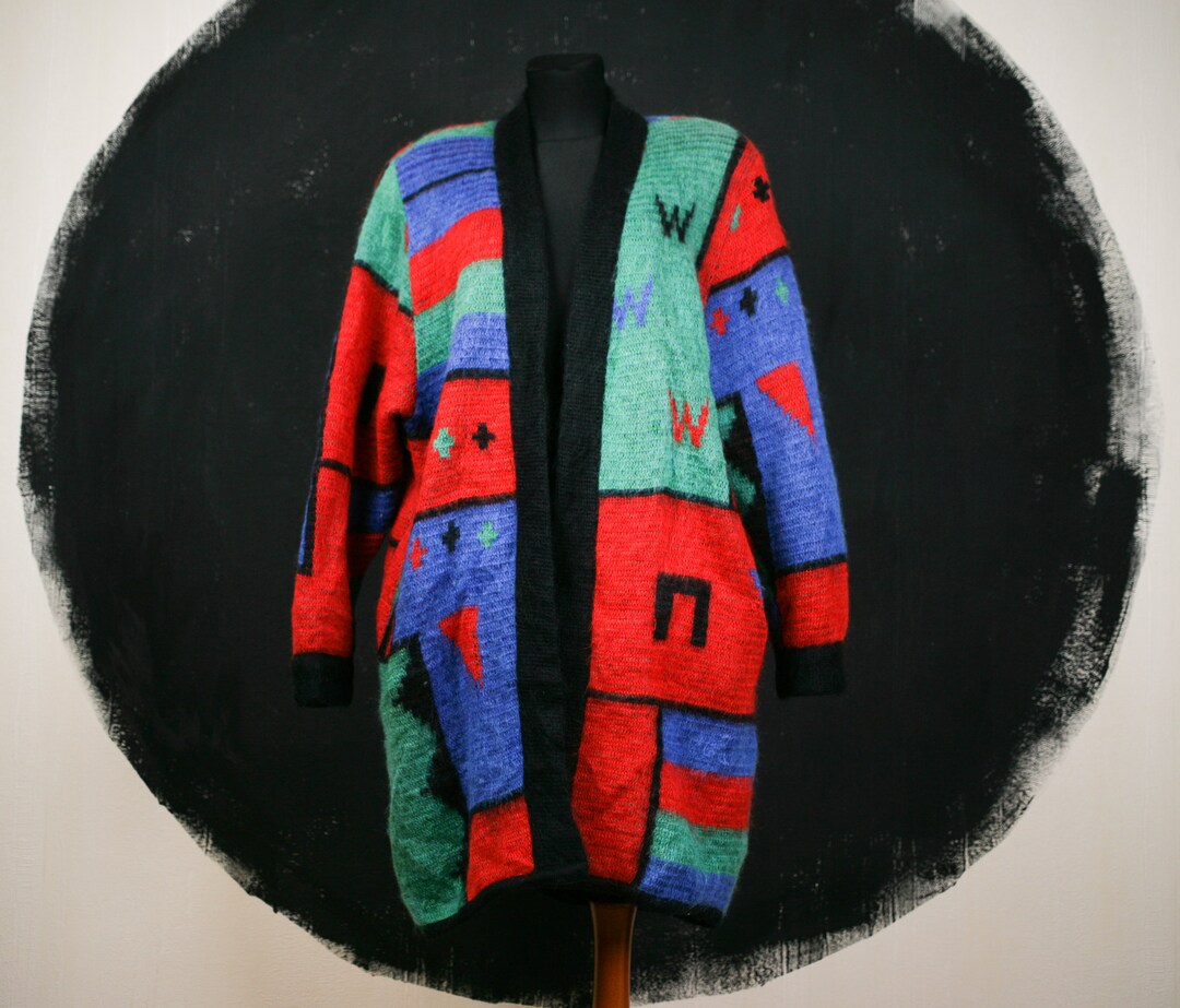 80s Mohair Velit Bari CARDIGAN Red Purple Red Green Knitted Fluffy