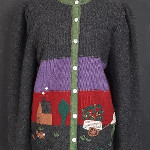 90年代ウール刺繍庭師ウサギの木ニット黒ディアンドルカーディガン冬スカンジナビアオクトーバーフェストクリスマスヴィンテージ花リンゴ42XL