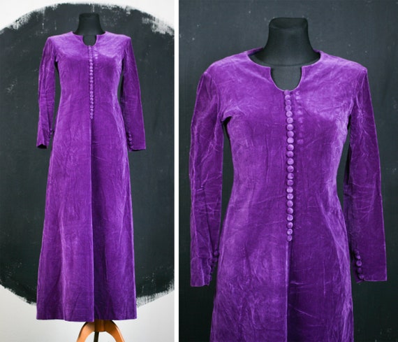 French velvet DRESS purple buttons medieval Victo… - image 1