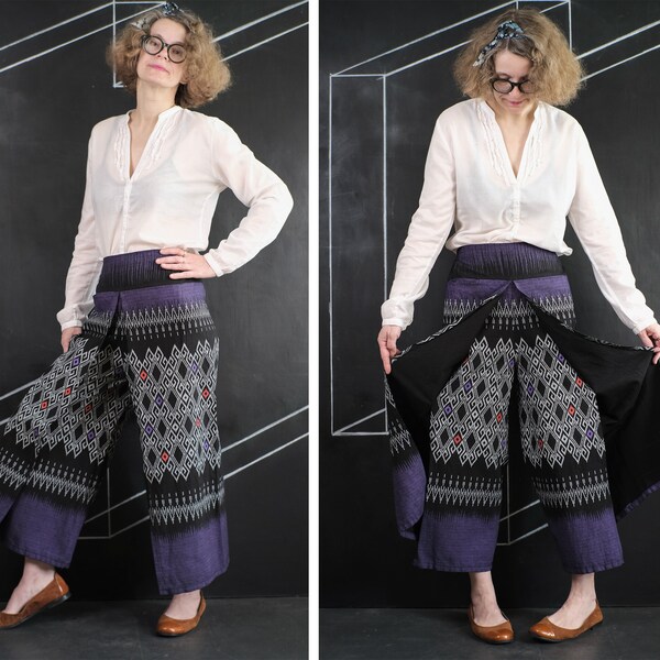 90s yoga PANTALON JUPE large jambe ouverte fente plissé pantalon violet orange noir vintage hipster psychédélique festival design amusant ornemental XS/S