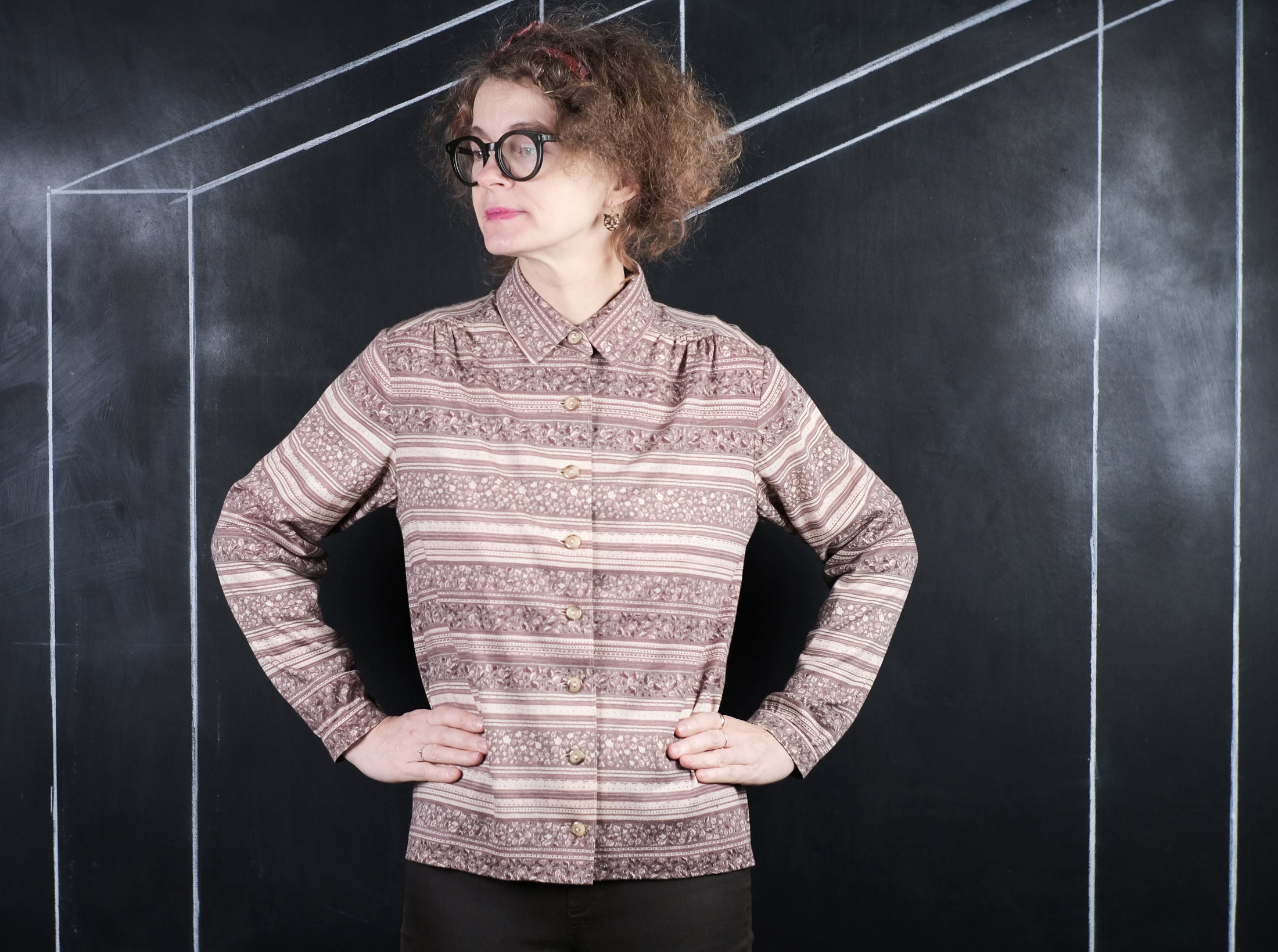 Annaval Bologna Italy BLOUSE jersey flower beige stripe dot