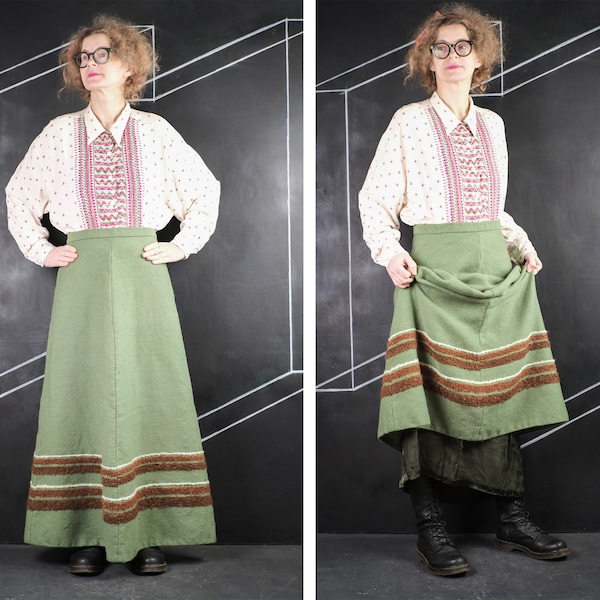 70s mousse de laine verte SKIRT boucle boho hipster date romantique flatteur théâtre d’opéra boho chic maxi bande lourde scandinave S