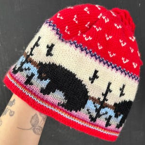 Bear animal Norwegian Scandinavian knitted red black wool HAT beanie  winter boho vintage ski hippie festival bright