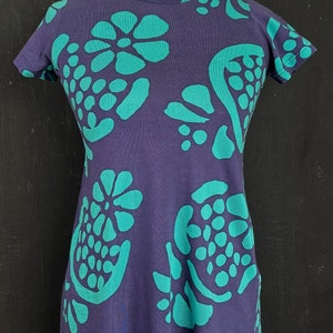 Marimekko blue white abstract flower DRESS summer Finland Scandinavian designer dotty dots vintage jersey minimalist XS