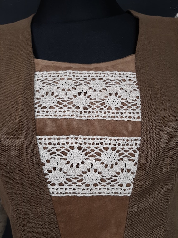 70s Dirndl brown lace medieval DRESS heart modest… - image 7
