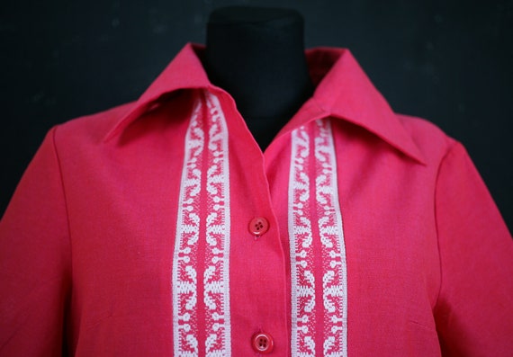 80s AROLA Finland DRESS midi pink woven ornamenta… - image 3