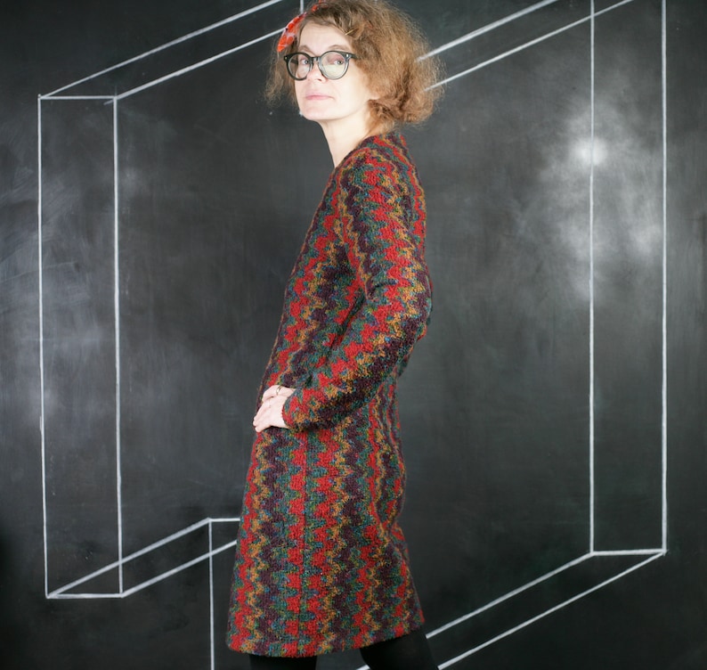 Boucle ikat DRESS warm print blue red brown thick warm winter autumn office formal romantic classic French zig zag handmade fashion S