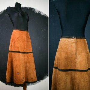 90s Finland Frihansa SKIRT suede camel brown cut out tooled flower boho style rare oldschool leather stripe minimalist lady elegant posh XS