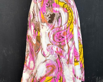 Vintage 70er Jahre French Psychedelic Skort, Rosa Blumen Baumwolle Mini Rock Shorts S