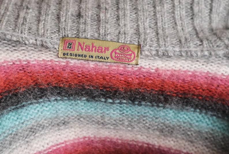 Italy mohair CARDIGAN stripe cherry berry crocheted  boho style bohemian warm fashion design knitted Nahar baby blue grey pink S M
