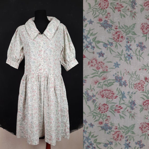 80s USA Flower Romantic DRESS Cotton Collar Ditsy Forget Me Not 