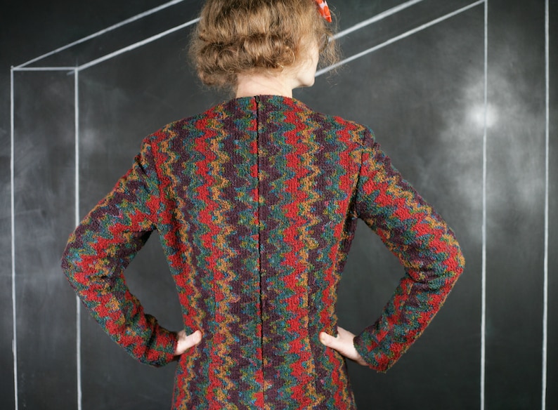 Boucle ikat DRESS warm print blue red brown thick warm winter autumn office formal romantic classic French zig zag handmade fashion S