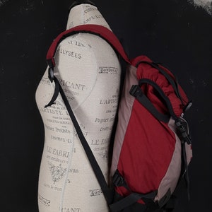 May include: A red and grey backpack with black straps and buckles. The backpack is on a mannequin with a printed fabric.