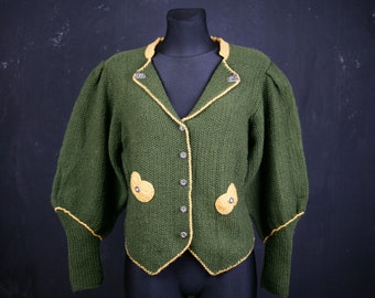 CARDIGAN Austrian Dirndl rare green yellow cable crochet unique peasant cottagecore German Trachten Octoberfest puff knitted wool rare XL