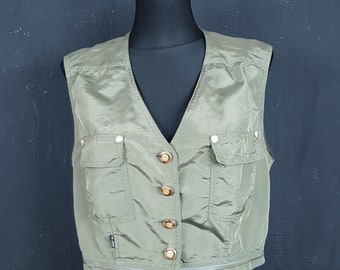 Khaki Cotton Linen Vest, Vintage Loose Vests, Women Causal