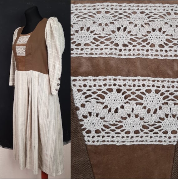 70s Dirndl brown lace medieval DRESS heart modest… - image 1