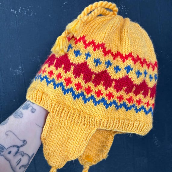 Vintage Hand-Knit Elf Hat 1970\'s Hippy Blue Nordic Pattern With Yellow Tassel Vintage Hand-Knit Elf Hat 1970 main image 2