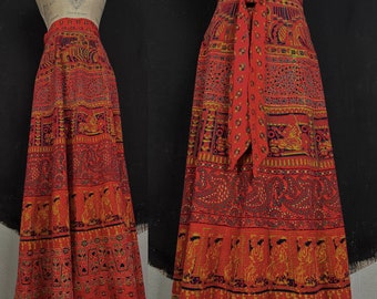 Jaren '90 India wrap blok print bloem ROK rood geel nieuwigheid mensen zomer vintage hippie festival yoga S