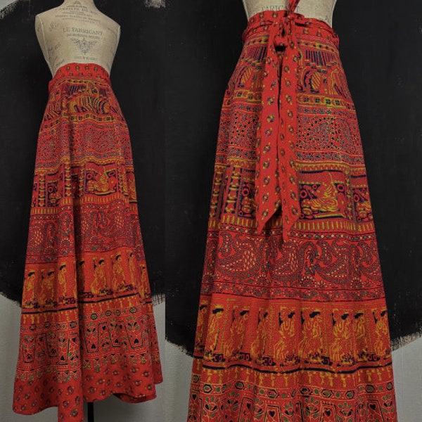 90s India wrap block print flower SKIRT red yellow novelty people summer vintage hippie festival yoga S