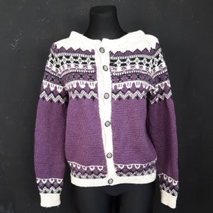 90s hand knitted Norwegian wool CARDIGAN white purple ethnic Scandinavian Nordic Fair Isle Christmas winter gift vintage ski M