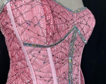 80s pink disco shiny sparkly mesh sequins CORSET embroidered German romantic boho  delicate sequined bling rave princess S