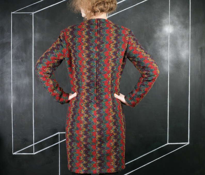 Boucle ikat DRESS warm print blue red brown thick warm winter autumn office formal romantic classic French zig zag handmade fashion S