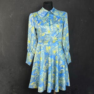 70s blue paisley Peter Pan collar loop buttons DRESS party vegan romantic boho French little green flower light XS S