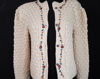 90s embroidered Dirndl knitted wool CARDIGAN Octoberfest Alpen flower green white bobble red romantic Christmas winter gift boho vintage M