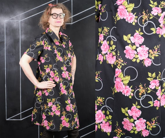 70s Handmade Rose DRESS Black Pink Green Blue France French Design Fashion Simple Summer Flower Circle Mod Secretary XL Etsy UK