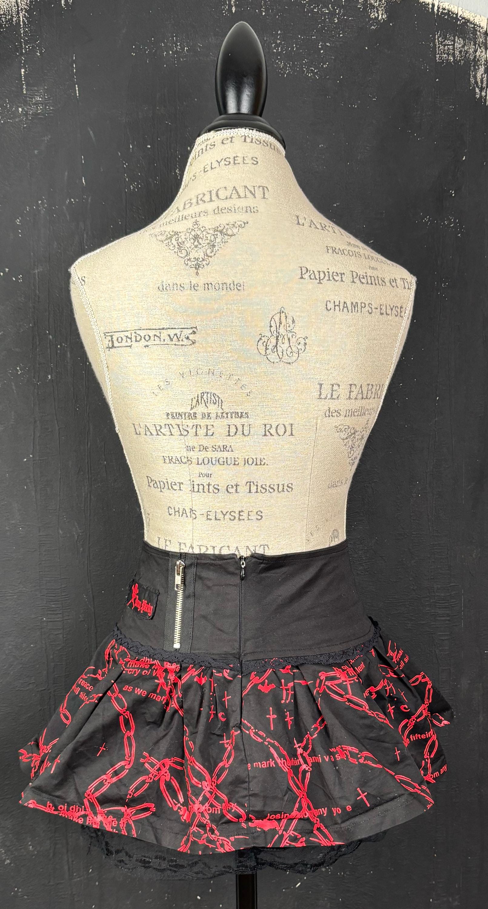 Punk Mini Skirt, Red Skull Print, Black Lace Ruffle M - Etsy Israel