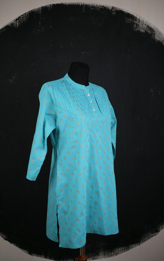 Turquoise block print BLOUSE blue gold MOP button… - image 7