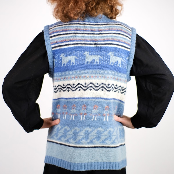 Deer Llama VEST baby blue novelty folk hippie boho costume ethnic girls Scandinavian Norge Nordic wave turquoise light Finland Sweden S