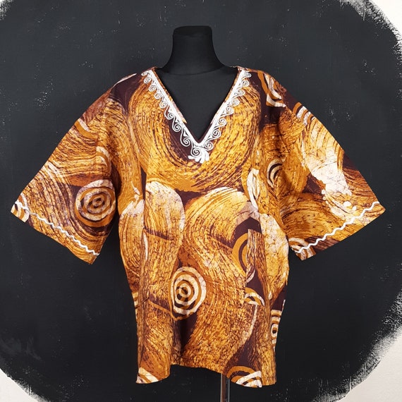 90s African tie dye wax print swirl BLOUSE top Gh… - image 1