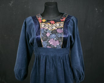70s prairie DRESS blue purple red flower corduroy belt medieval movie cosplay winter romantic rare Netherlands princess navy gold wedding XS