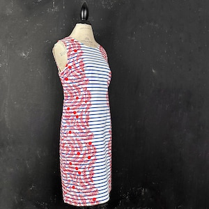 Vtg marine party white blue red stripes striped flower DRESS sailing lounge sailor sailing summer bright M 14