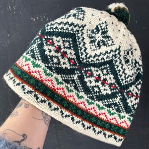 Green white red Norwegian Scandinavian knitted wool HAT beanie winter boho vintage ski hippie festival bright pom pom
