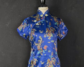 Blue Cheongsam dragon peacock feather BLOUSE top flower Chinese China vintage retro boho posh lush bird vegan festival New Year M